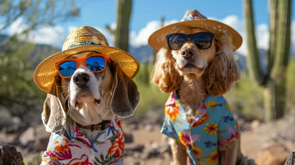 Two dogs are dressed up in Hawaiian shirts and straw hats. They are both wearing sunglasses. The dog on the left is a beagle, and the dog on the right is a cocker spaniel. They are standing in a desert, with cacti in the background.