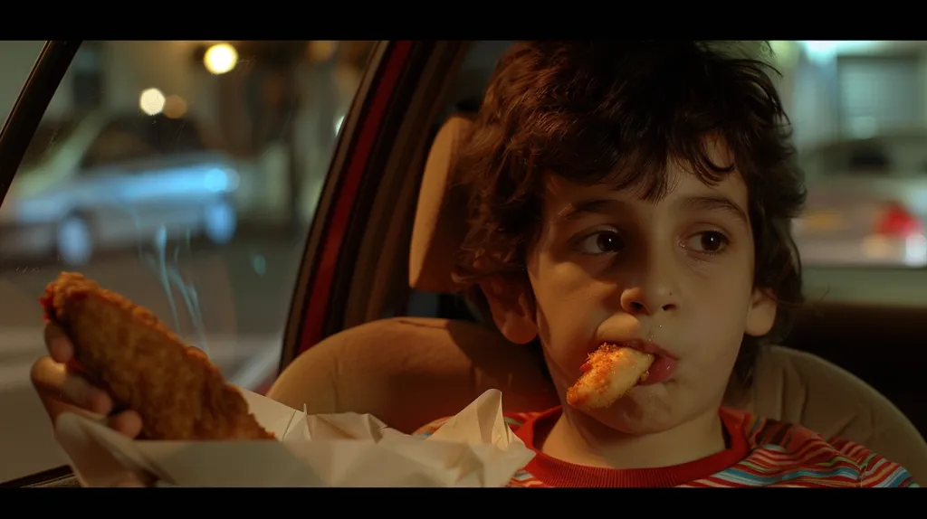 A boy sits in the back seat of a car, eating a slice of pizza. He looks to be about 10 years old, with dark hair and brown eyes. He is wearing a red and white striped shirt. The car is dark and the boy is only lit by the light from the streetlights outside. He seems to be enjoying his pizza as he has a big smile on his face.