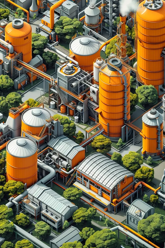 The image shows an industrial area with many factories and storage tanks. The buildings are orange and gray, and the trees are green. There are many pipes and conveyor belts connecting the different buildings. The image is very detailed and shows a lot of activity.