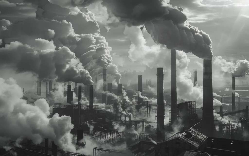 The image shows an industrial area with many factories and tall chimneys. The sky is filled with dark smoke from the chimneys, which is polluting the air. The scene is a symbol of industrial pollution and the negative impact it has on the environment.
