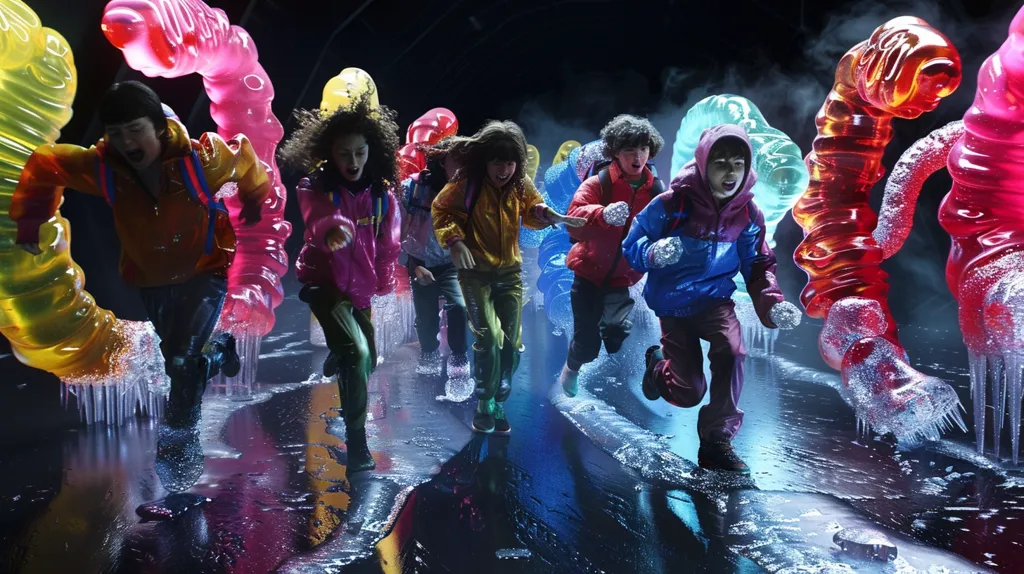 In a scene from the movie "Goosebumps 2: Haunted Halloween," a group of children are running from a group of gummy bears. The children are all dressed in colorful clothes and look scared. The gummy bears are large and have sharp teeth. They are also very fast. The children are running as fast as they can, but the gummy bears are gaining on them. The children are in danger and need to find a way to escape.