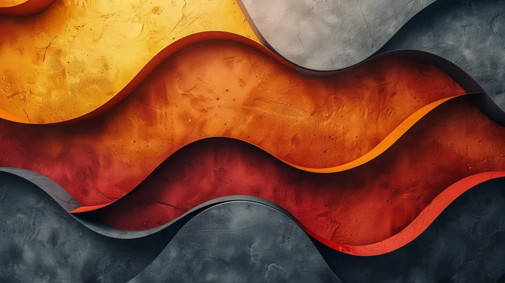 The image is a colorful abstract painting. The colors are orange, yellow, red, and gray. The painting has a wave-like pattern. The waves are created by the different colors of paint. The painting is very calming and relaxing.