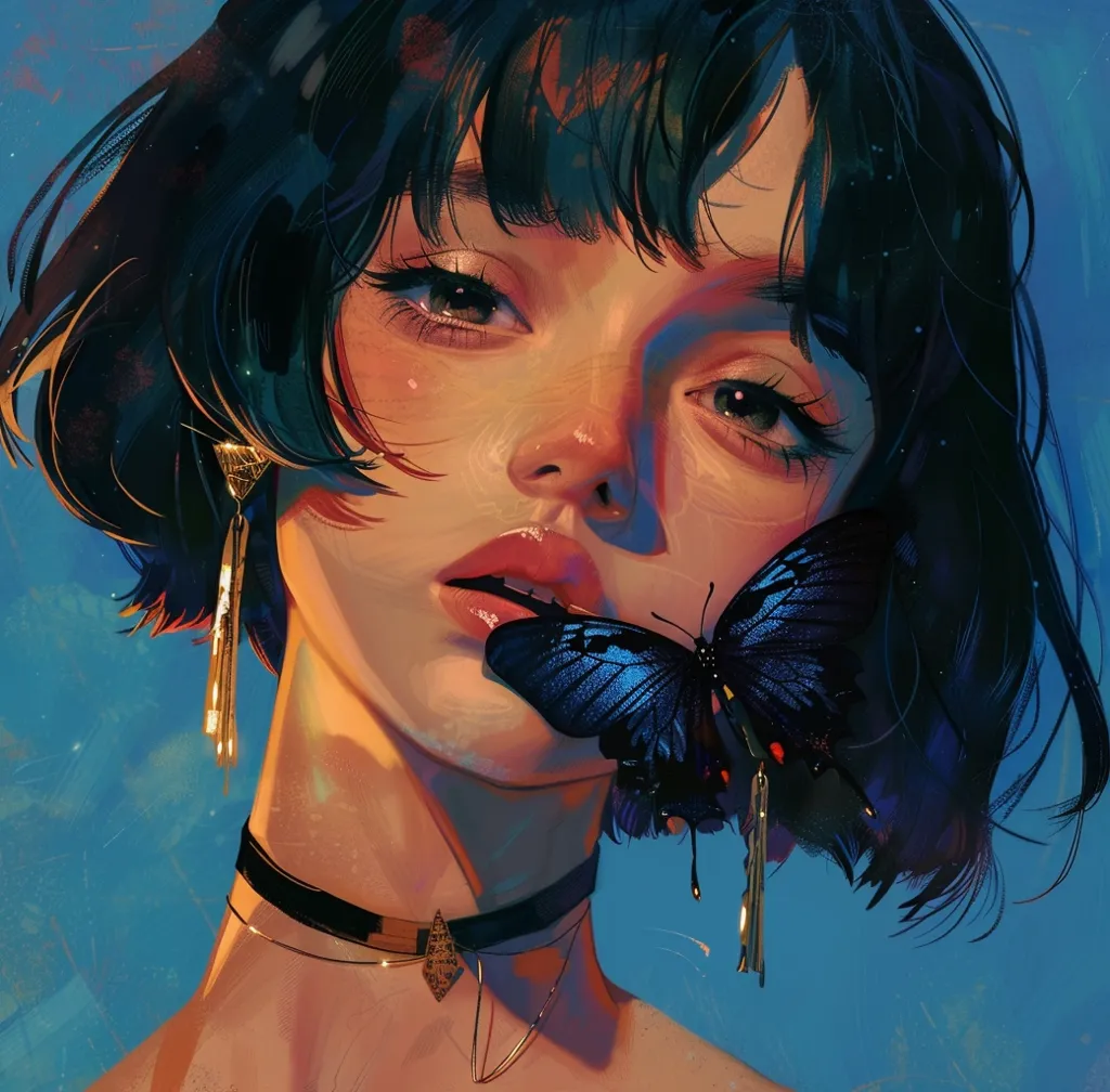 The picture shows a beautiful girl with short black hair. She has a butterfly on her lips. The girl's eyes are closed. She is wearing a black choker with a gold pendant. The background is blue with a few yellow and white highlights. The girl's skin is very fair and flawless. Her lips are a soft pink color. The butterfly is mostly blue with some yellow and black markings. The butterfly's wings are spread out wide. The girl's expression is one of peace and serenity. The picture is very calming and peaceful.