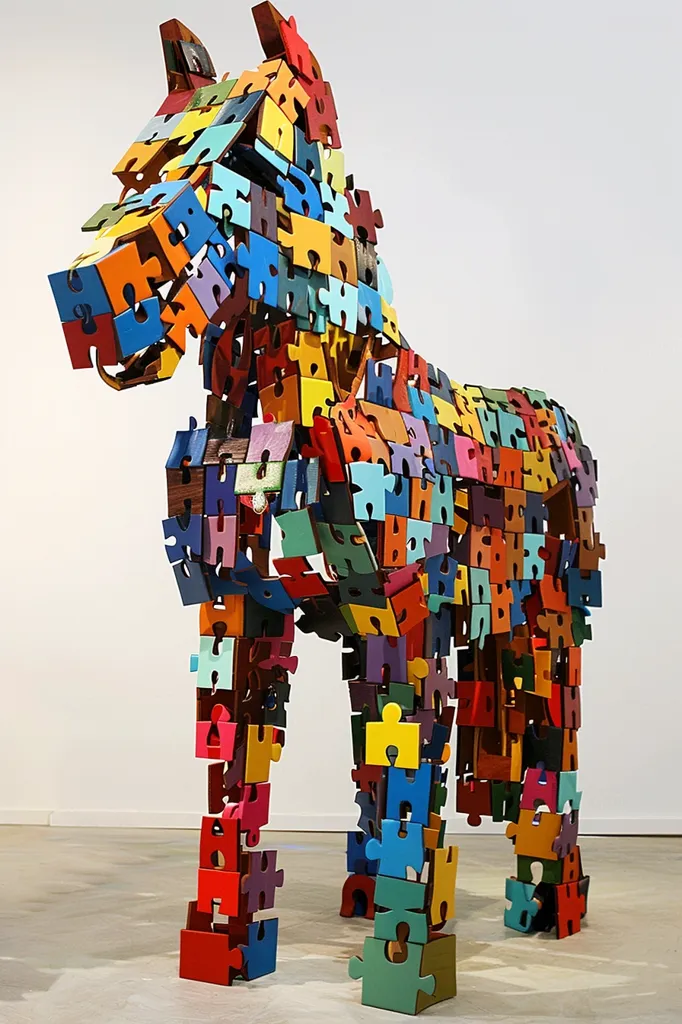 The image is a colorful 3D puzzle horse. The horse is made up of many different colored puzzle pieces that are all fit together to create the shape of a horse. The horse is standing on a white surface and is lit by a bright light. The background is a white wall. The horse is facing the viewer and is in a static position.