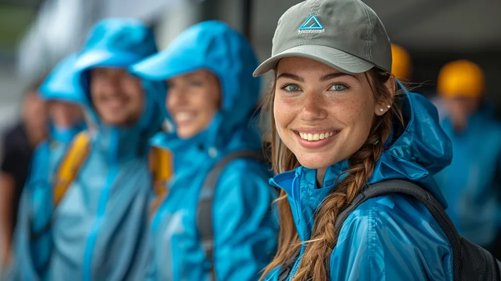 The photo shows a young woman smiling at the camera. She is wearing a blue raincoat and a gray cap. She has long blond hair and blue eyes. There are other people in the background, but they are out of focus.