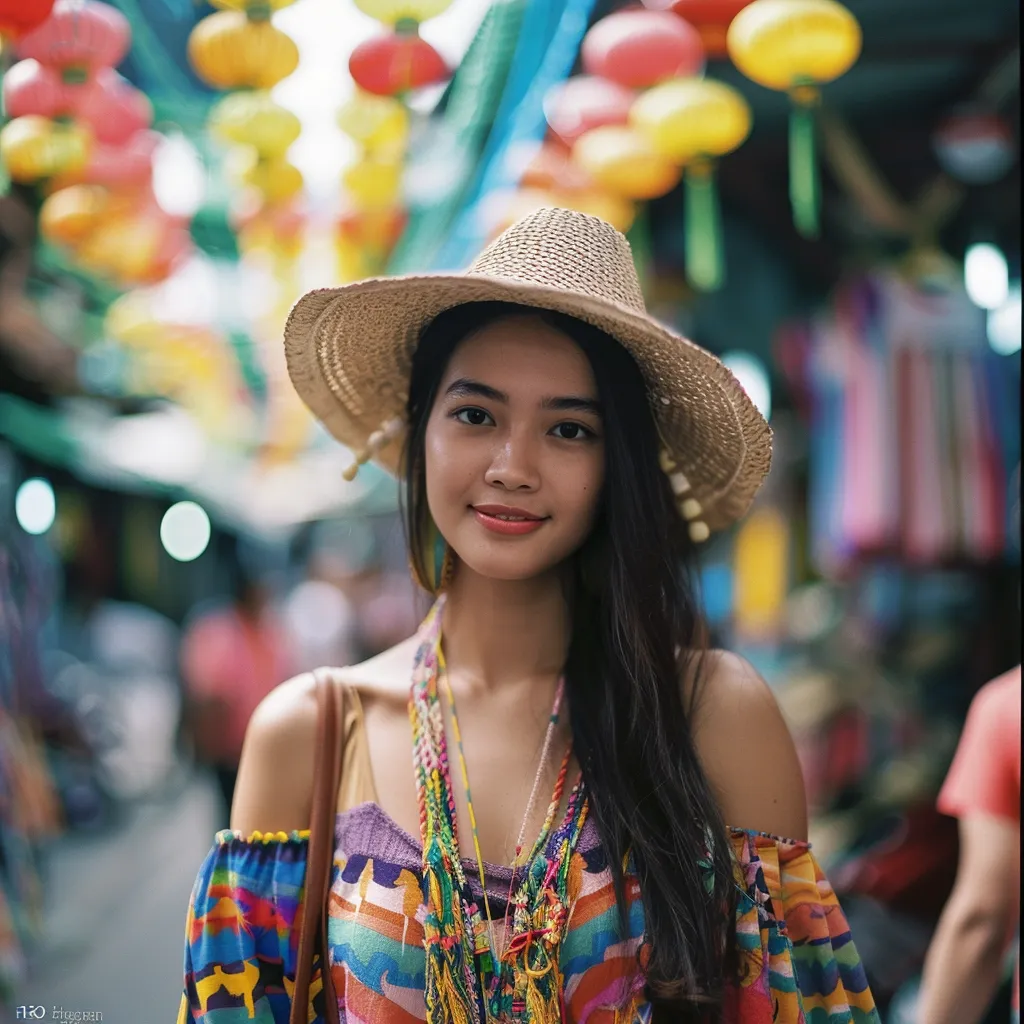 A young woman wearing a straw hat and a colorful dress smiles for the camera. She is standing in a market, and there are colorful lights hanging in the background. The woman has long, dark hair and is wearing a necklace. She has a friendly expression on her face.