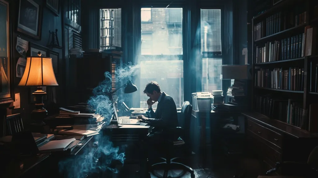 A man sits at his desk in a dark room. He is surrounded by books and papers. The only light comes from the lamp on his desk and the light from the window. He is wearing a suit and tie and he has a serious expression on his face. He is smoking a cigarette and staring at his laptop.