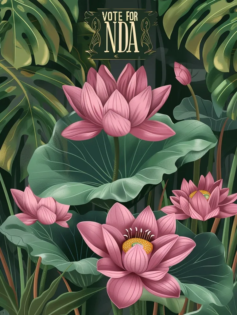 The image is a beautiful depiction of a lotus flower. The flower is surrounded by large green leaves and is in full bloom. The petals of the flower are a delicate pink color and the center of the flower is a deep yellow color. The flower is surrounded by a dark green background. The image is very calming and peaceful. It evokes feelings of tranquility and serenity.