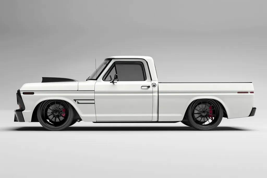The image is a white pickup truck. It has a long bed and a regular cab. The truck is lowered and has custom wheels and tires. The paint is white and the truck has a black stripe on the side. The truck is in a studio and the background is white.