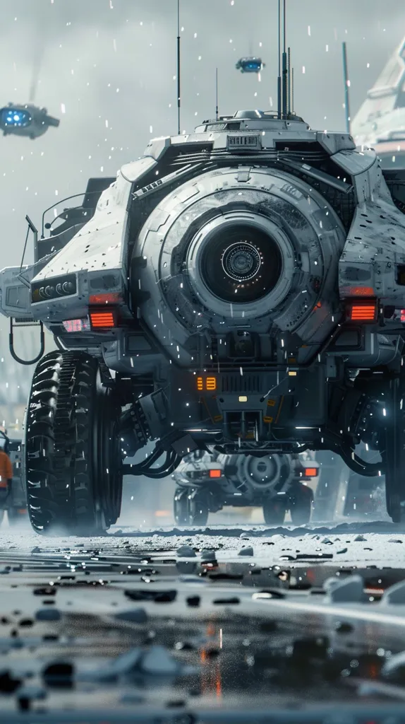 The image shows a large, futuristic vehicle driving through a snowy landscape. The vehicle has a large, round window on the front and is surrounded by smaller vehicles. The vehicles are all driving on a road that is surrounded by snow-covered trees. The image is very detailed and realistic.