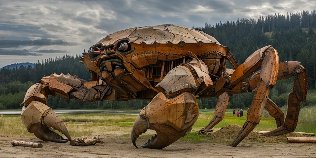 The image is a giant metal sculpture of a crab. It is standing on a beach, with the ocean and mountains in the background. The crab is made of wood and metal. It has large claws and a long tail. The sculpture is very detailed, and it looks like it is real.