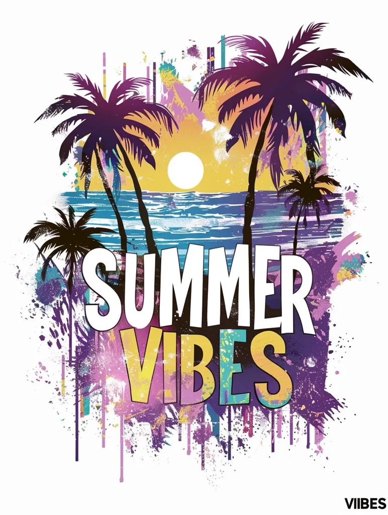The image is a colorful depiction of a summer beach scene. The background is a gradient of pink and yellow, with a large white circle in the center representing the sun. There are two palm trees on either side of the sun, and the word "SUMMER" is written in large, white letters in the foreground. The word "VIBES" is written in smaller, multicolored letters beneath the word "SUMMER". The image is surrounded by a splash of colorful paint, which gives it a vibrant and energetic feel.