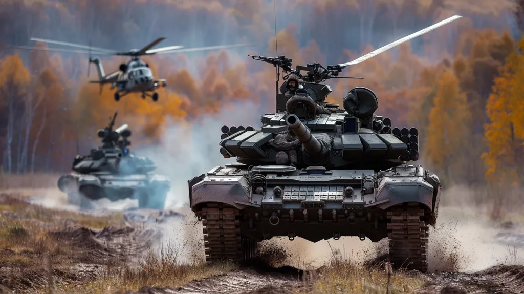 A Russian T-72B3 tank and a Mi-24 Hind attack helicopter are advancing through a forest. The tank is in the foreground, with the helicopter in the background. The tank is firing its main gun, and the helicopter is firing its rockets. There are trees on either side of the tank and the helicopter. The ground is covered in dirt and grass. The sky is cloudy.