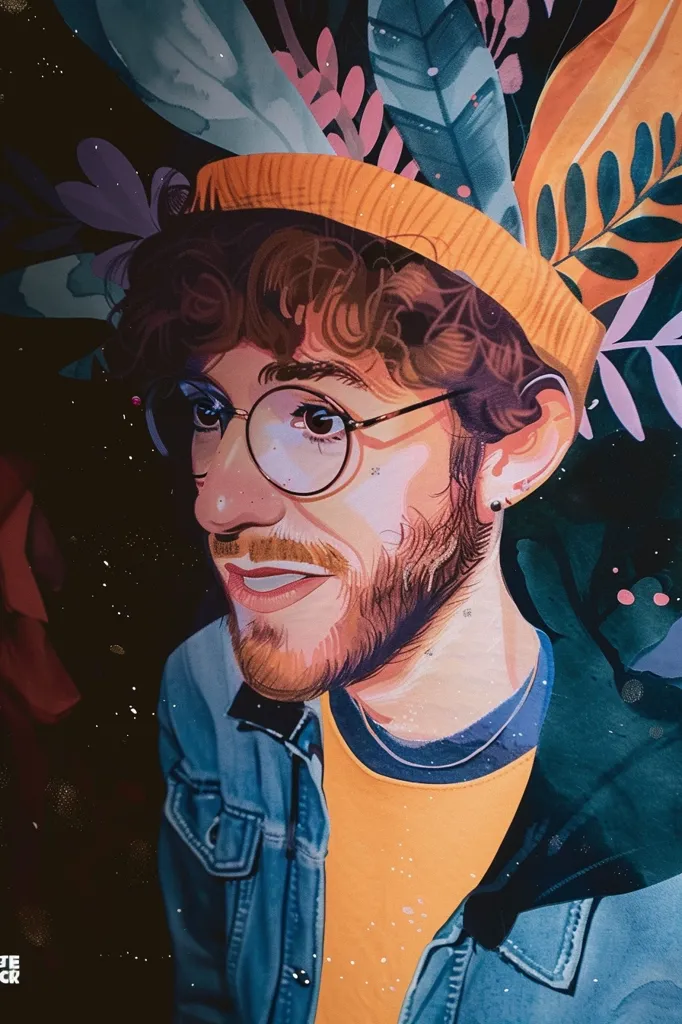 This is a picture of a person with short brown hair, a beard, and glasses. They are wearing a yellow beanie with a flower pattern, a yellow t-shirt, and a blue jean jacket. They have a piercing in their left ear. The background is dark with colorful flowers and leaves.