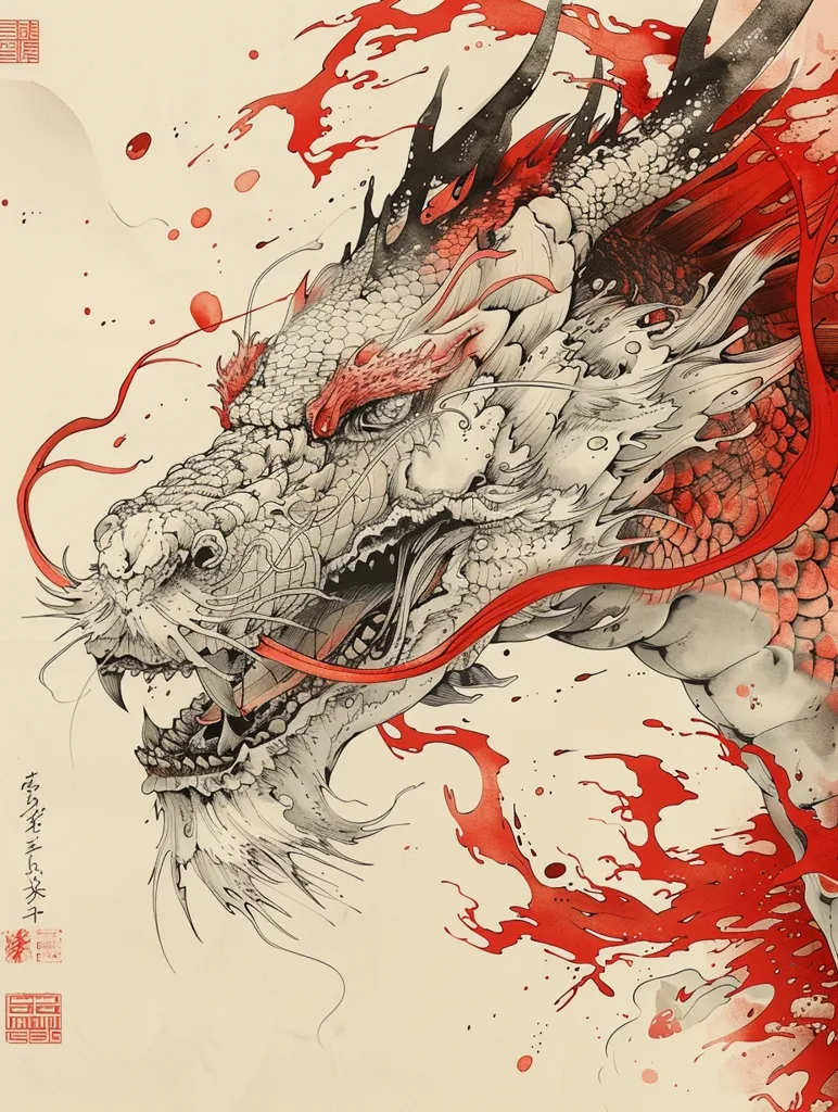 The image is a Chinese dragon. It has a long, serpentine body with scales and a mane of fur. The dragon's head is fierce, with a large mouth and sharp teeth and red eyes. The dragon is surrounded by clouds and mist. The image is done in a traditional Chinese style, with a limited color palette and a focus on linework.