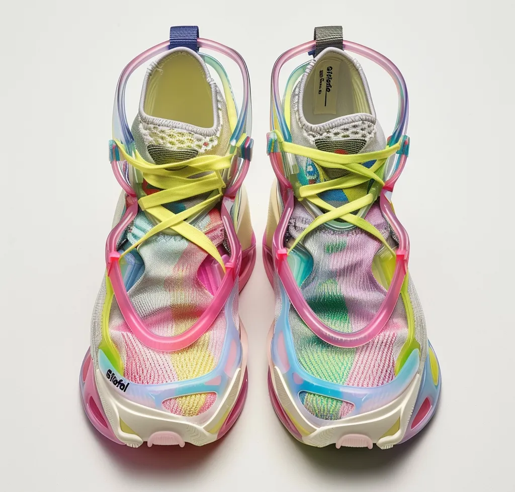 The image shows a pair of futuristic sneakers with a unique design. The sneakers are made of a lightweight, transparent material and feature a complex system of straps and laces that provide support and stability. The shoes are also brightly colored, with a gradient of colors from pink to blue to yellow. The overall design of the sneakers is very striking and eye-catching.