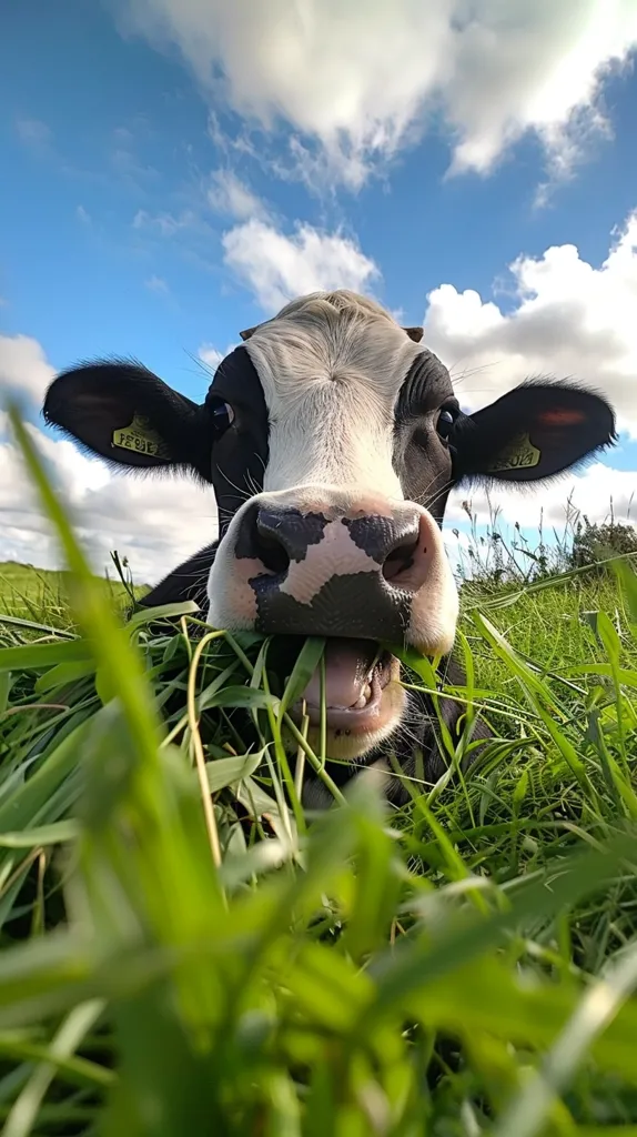 This image shows a black and white cow with a large white patch on its face. It is standing in a green field and is eating grass. The cow is looking at the camera with its mouth full of grass. The background of the image is a blue sky with white clouds.