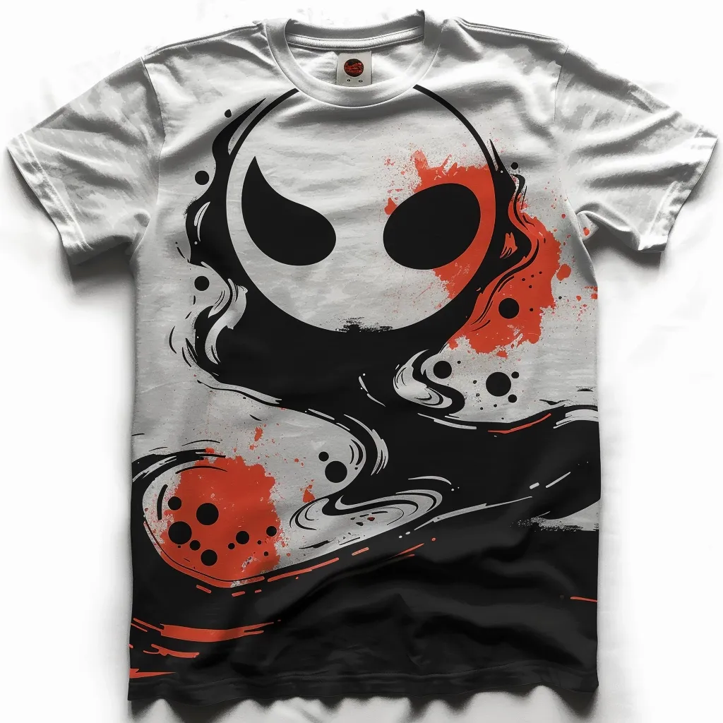 The T-shirt is white with a black and red design. The design is a cartoon ghost with a red circle on its head. The ghost is surrounded by red and black paint splatters.