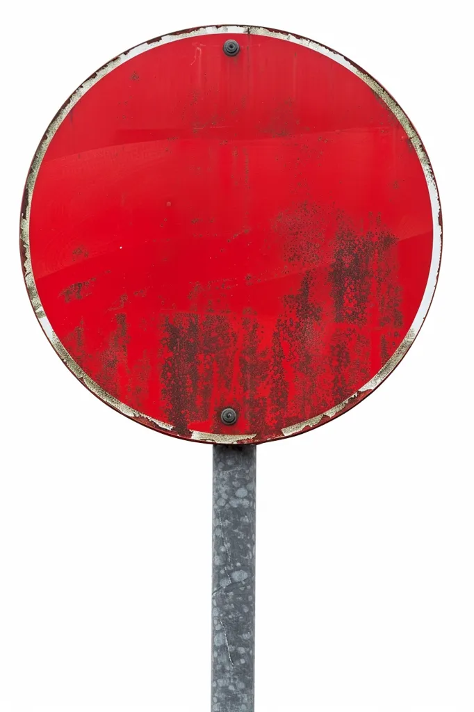 The image is a red circle with a white border. It is a traffic sign that indicates a prohibition to pass. The sign is made of metal and is mounted on a metal post. The sign is old and rusty.