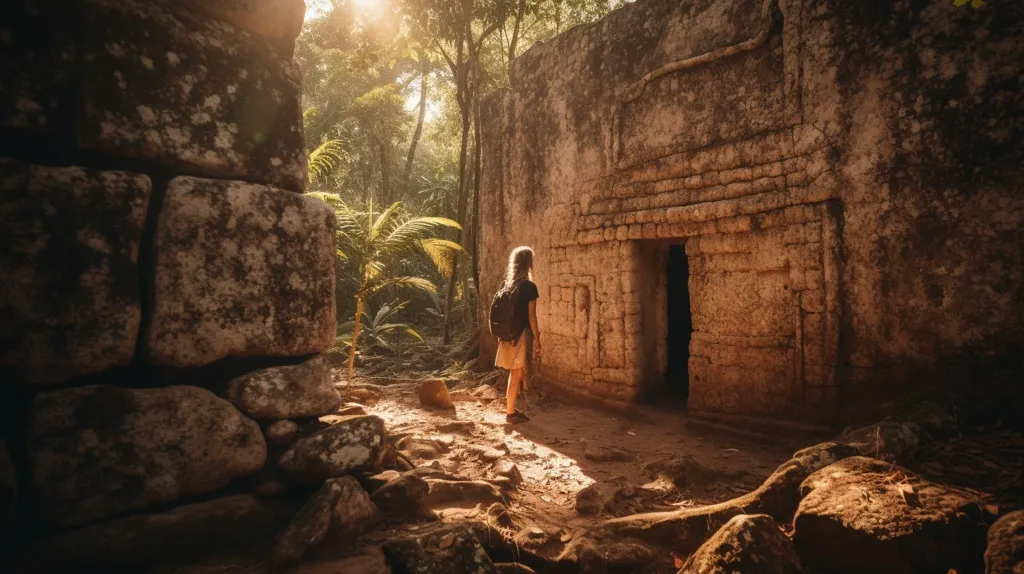 The image is of a woman standing in front of a large stone structure. The structure is in a jungle and is surrounded by trees and plants. The woman is wearing a backpack and is looking at the structure. The structure is made of large blocks of stone and has a doorway. The doorway is carved with intricate designs. The image is of a woman exploring an ancient ruin.