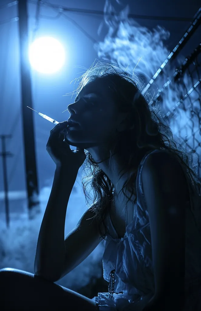 A young woman sits on the ground in a dark place. She is smoking from a syringe. The light from a street lamp is shining on her face. Her expression is one of sadness and despair. She seems to be lost and alone.