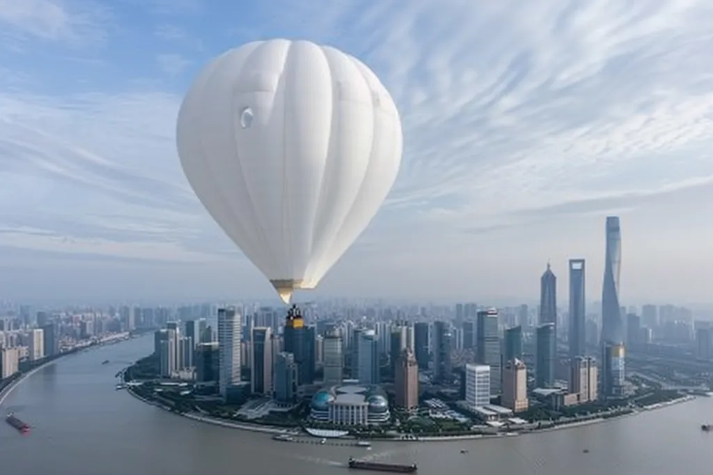 In the picture you can see a hot air balloon floating above a big city. The balloon is white and has a unique shape. The city is full of tall buildings and skyscrapers. There is a river flowing through the city. The sky is blue and there are some clouds in the sky.