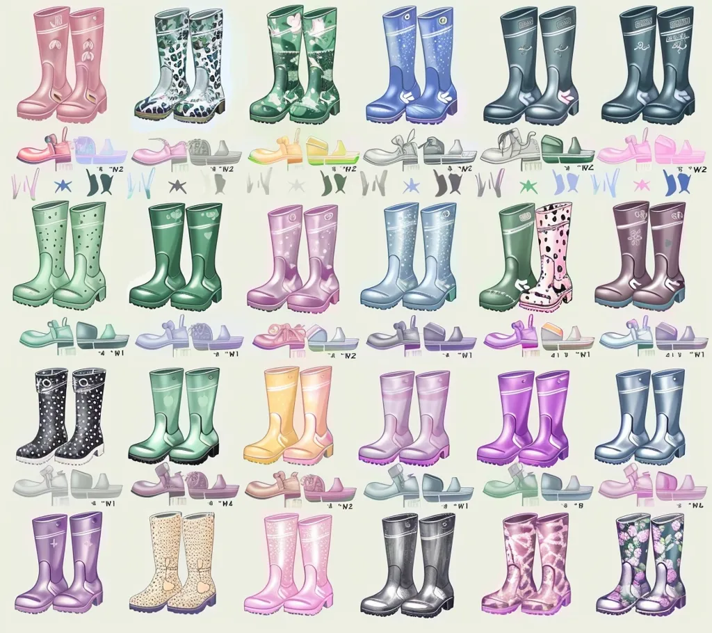 The image shows a variety of different types of rain boots. There are 30 different pairs of boots, each with a unique design. The boots are all made of different materials and come in a variety of colors and patterns. Some of the boots are short, while others are tall. Some of the boots are plain, while others have buckles or other decorations.