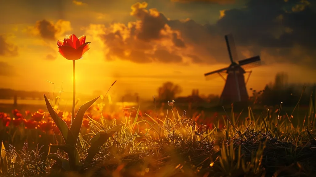 The image is of a beautiful landscape with a windmill in the distance. The foreground is filled with colorful tulips, and the sky is a bright orange. The windmill is made of wood and has large, brown blades. The tulips are in full bloom and are a variety of colors, including red, yellow, and pink. The sky is clear and there are no clouds in sight. The image is peaceful and relaxing.