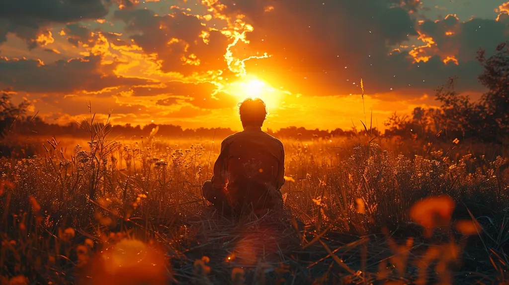 The image shows a person sitting in a field of tall grass. The sun is setting behind them, casting a warm glow over the scene. The person is wearing a hat and a long coat, and they have their hands resting on their knees. They are looking out at the sunset, and they appear to be lost in thought. The image is peaceful and serene, and it captures the beauty of the natural world.
