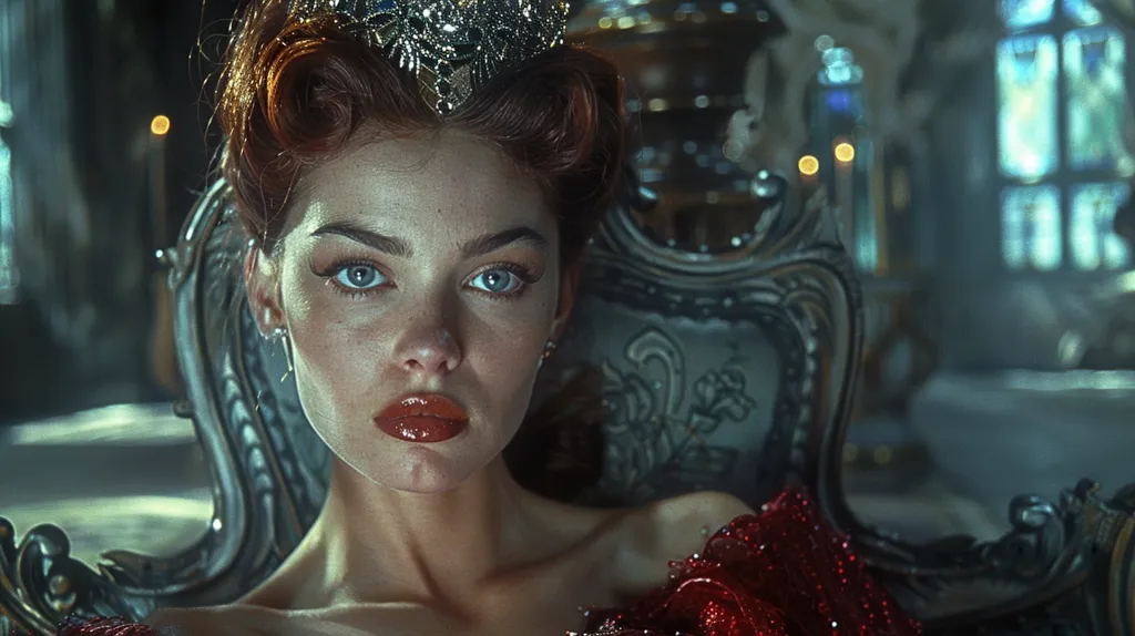 The photo shows a beautiful young woman with long red hair. She is wearing a red dress and a crown on her head. She is sitting on a throne and looking at the camera with a serious expression. The background is blurry, with two blue lights on either side of the woman.