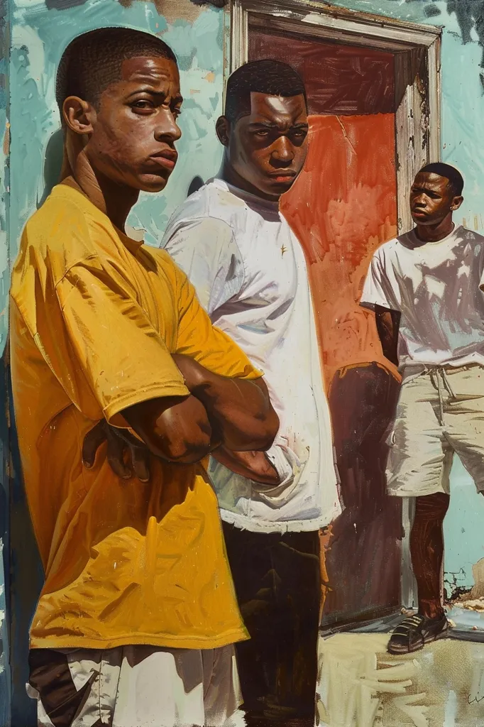 This is a painting of three young African-American men standing in front of a blue wall with a red door. The man on the left is wearing a yellow shirt, the man in the middle is wearing a white shirt, and the man on the right is wearing a white shirt and khaki shorts. The man in the yellow shirt has his arms crossed, the man in the white shirt has his hands clasped in front of him, and the man in the khaki shorts has his hands in his pockets. All three men are looking at the viewer with serious expressions. The painting is done in a realistic style and the artist has used light and shadow to create a sense of depth and atmosphere.