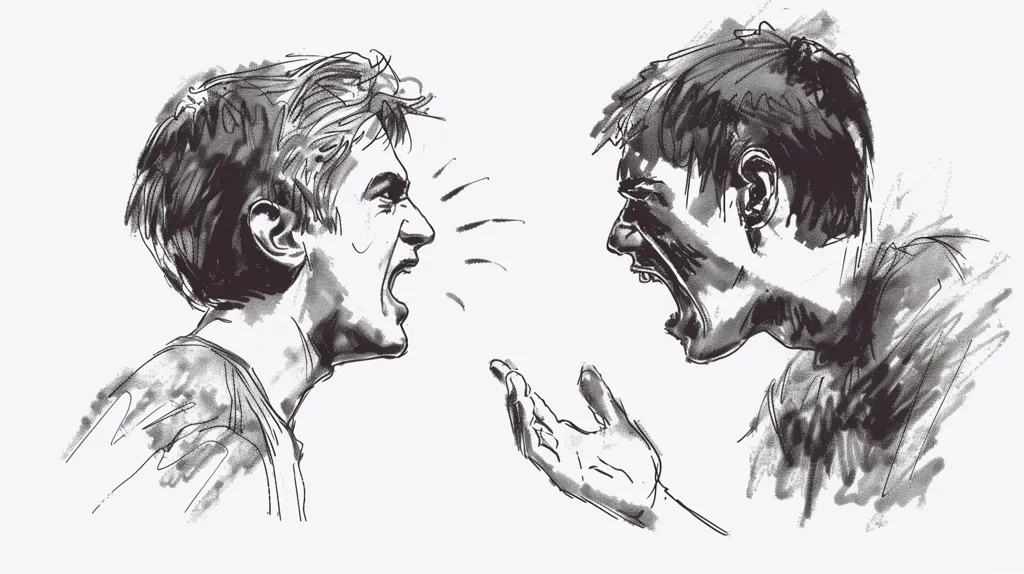 The image is a sketch of two people arguing. The person on the left is speaking calmly while the person on the right is yelling and making a screaming gesture. They are both looking at each other with angry expressions on their faces. The image is drawn in black and white and has a rough, sketchy look to it.