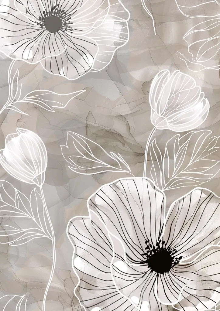 The image is a beautiful floral pattern with white line drawing of flowers and leaves on a beige background with gray veins. The flowers are mostly large, with petals that are detailed with lines. The leaves are also detailed with lines, and they add a touch of greenery to the image. The background is a light beige color, and it has a marbled texture. The image is very calming and relaxing, and it would be perfect for use in a bedroom or living room.