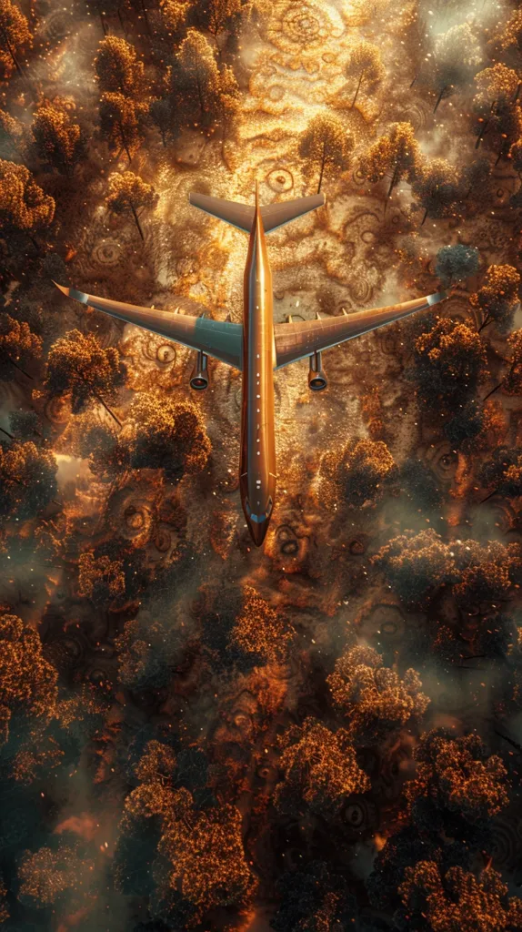 In the middle of a dense forest, there is a plane flying above the trees. The plane is flying at a low altitude, and its wings are almost touching the treetops. The forest is made up of tall, green trees, and the leaves are a bright, golden yellow. The sun is shining brightly, and the sky is clear. The plane is flying in a straight line, and its contrails are visible behind it. The plane is a commercial jet, and it is flying at a high speed. The forest is located in a remote area, and there are no other signs of civilization visible.
