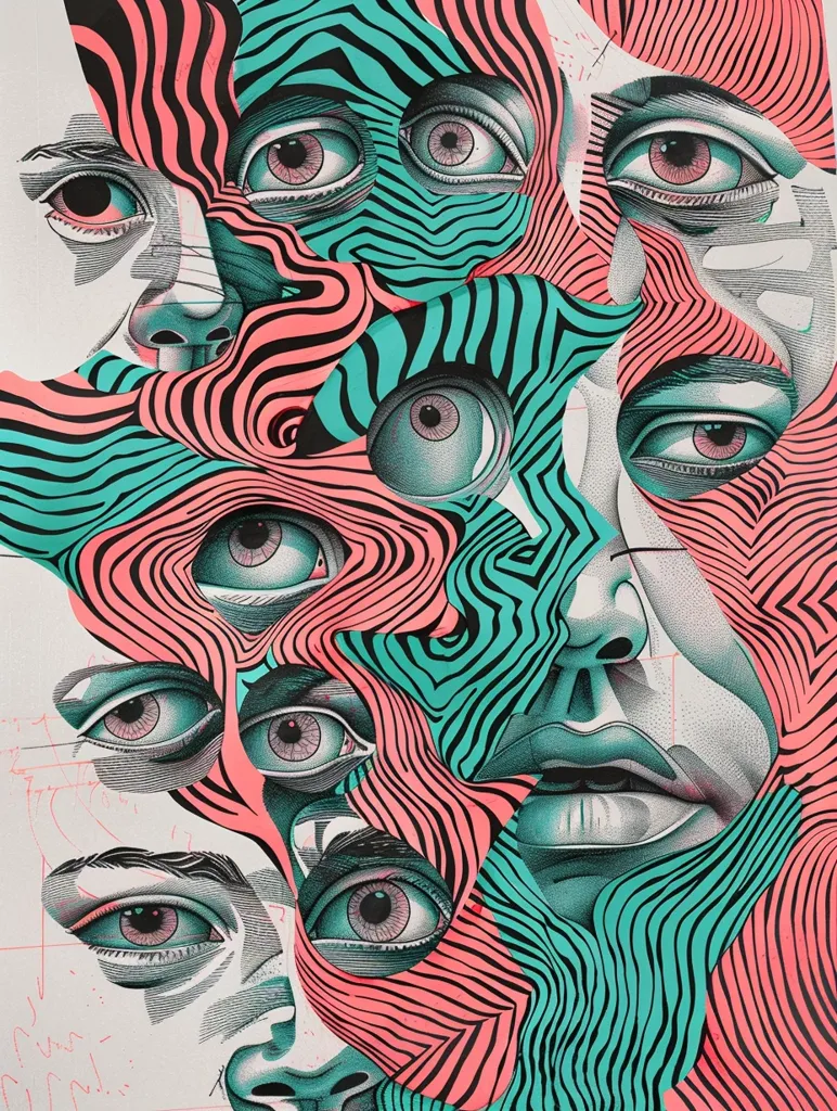 The image is a colorful and psychedelic portrait of a woman. Her face is made up of a collage of different eyes and mouths, all of which are arranged in a spiral pattern. The colors are bright and saturated, and the lines are thick and bold. The overall effect is one of movement and energy. The woman's expression is one of calm and serenity, despite the chaos of her surroundings.