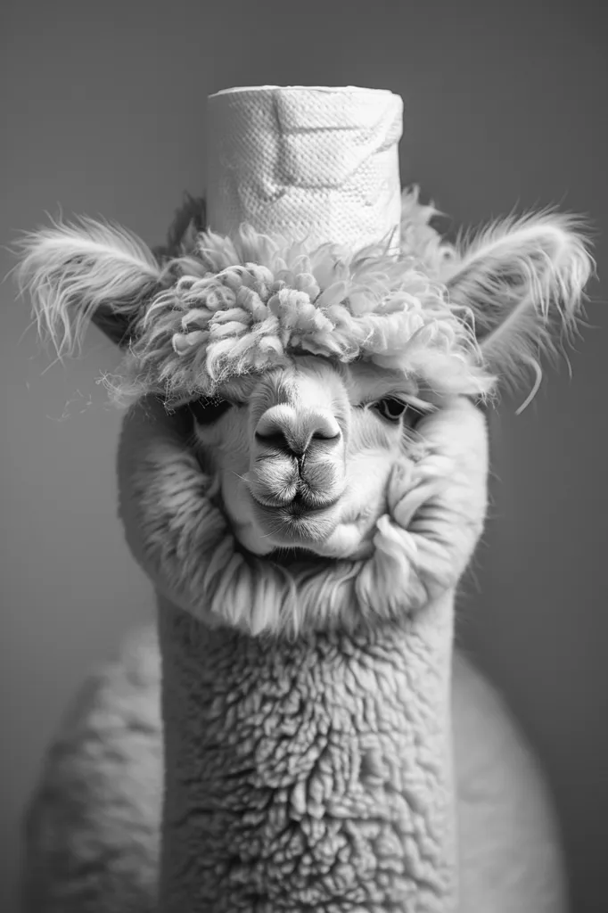 The image shows a llama wearing a toilet paper roll on its head. The llama is looking at the camera with a funny expression on its face. The image is taken in black and white, which adds to the humorous effect.