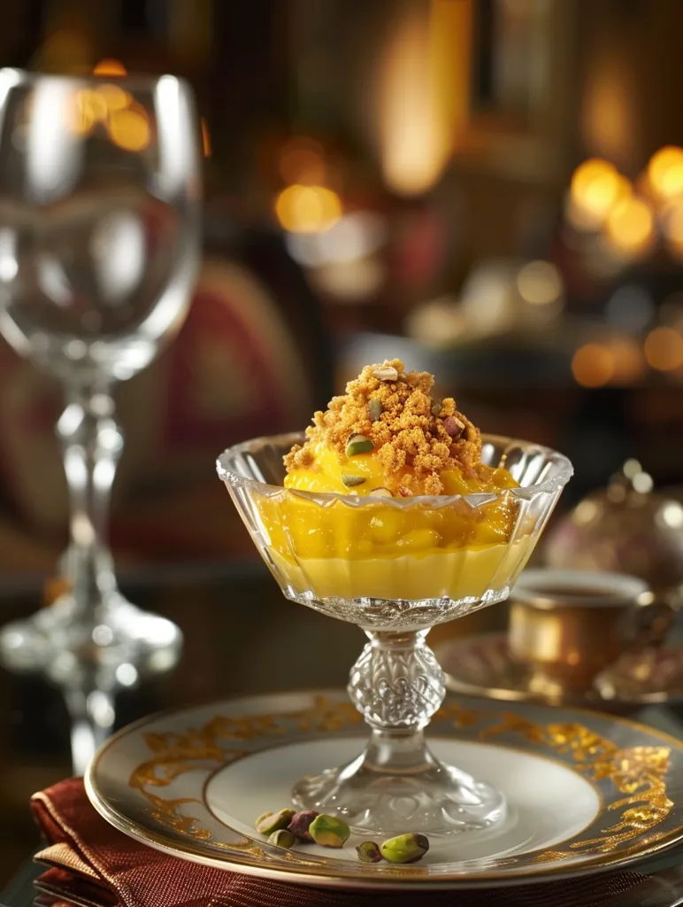 A dessert is served in a footed glass bowl. The dessert is a yellow color and is topped with a brown crumble. The bowl is sitting on a white and gold plate. There is a wine glass and a small pitcher on the table. The background is blurry and out of focus.