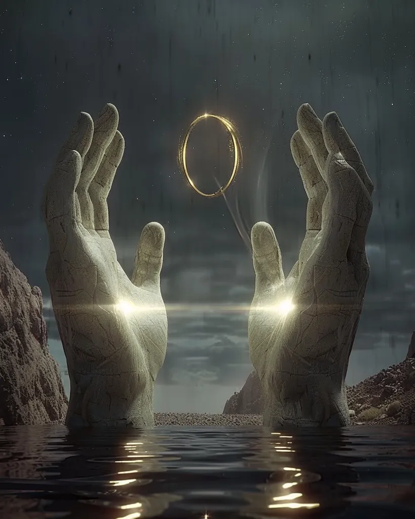 The image is dark and mysterious. A pair of hands, made of stone, is holding a golden ring. The hands are emerging from the water, and the ring is glowing. In the background, there is a dark, stormy sky. The image is full of symbolism, and it is clear that the ring is a powerful object.