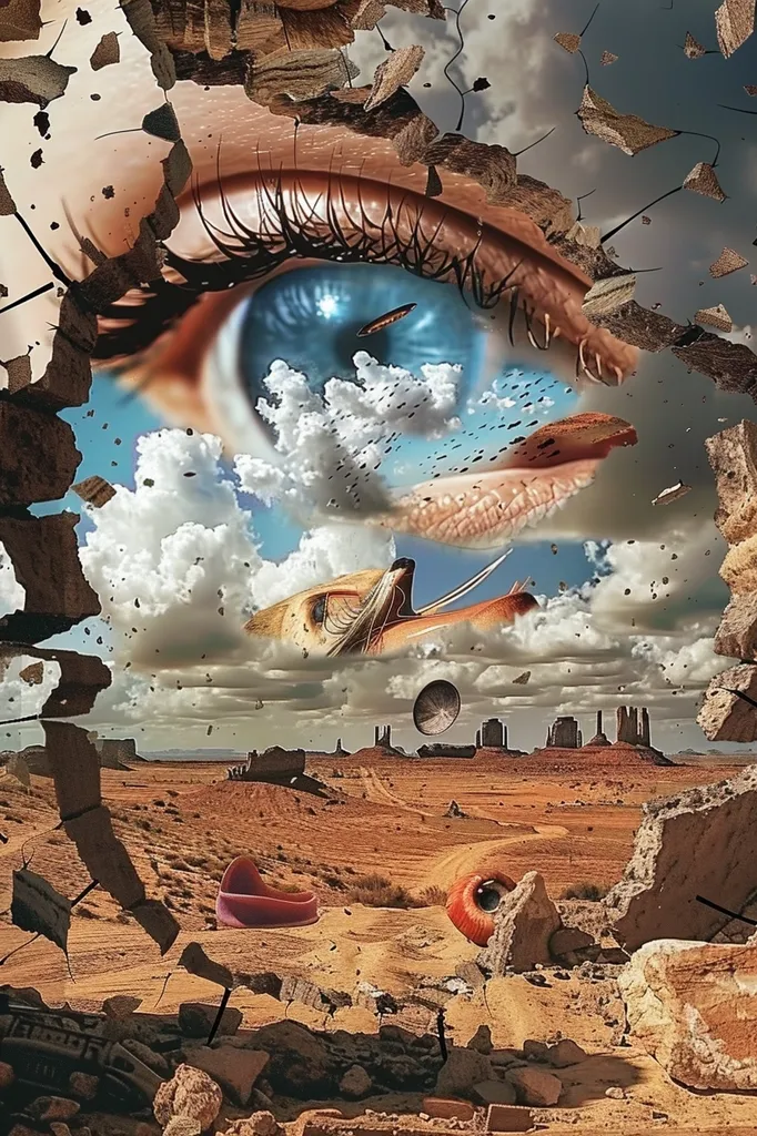 This is a surreal painting of a blue-eyed woman. Her eye is set in a cracked wall, and the desert can be seen through the cracks. There are also various objects floating in the sky, including a fish, a bird, and a UFO. The painting is full of vibrant colors and has a dreamlike quality.