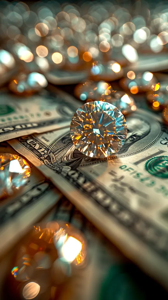 In the center of the image is a large diamond. It is surrounded by many smaller diamonds. The diamonds are all scattered on top of a pile of money. The money is in various denominations. The background of the image is out of focus. There are some blurry lights in the background.
