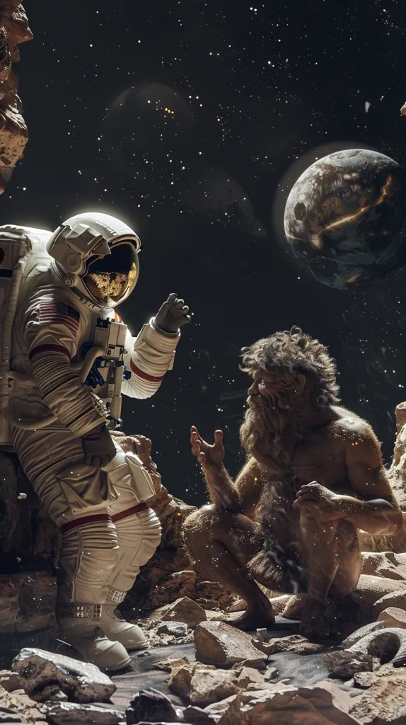 An astronaut and a caveman are standing on a rocky surface. The astronaut is wearing a spacesuit and the caveman is wearing a loincloth. The astronaut is looking at the caveman with a surprised expression on his face. The caveman is looking at the astronaut with a curious expression on his face. In the background, there is a planet.