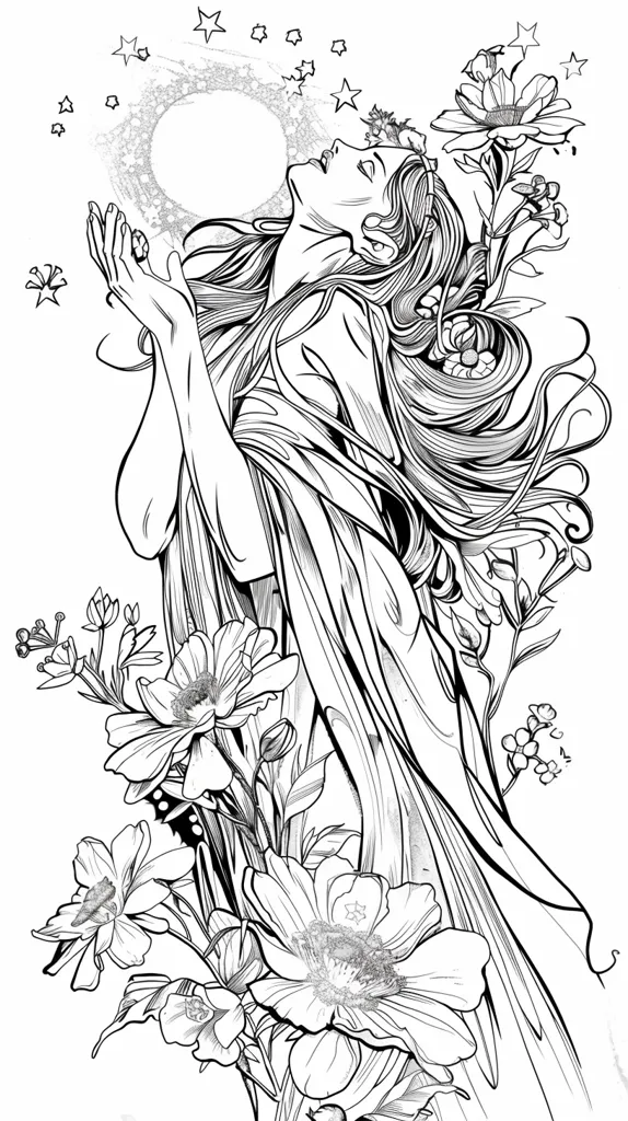 The picture shows a beautiful woman with long flowing hair. She is standing in a field of flowers and has her arms raised in the air. She is looking up at the sky, where there is a crescent moon. The woman is wearing a long, flowing gown that is open at the front. Her hair is blowing in the wind and she has a serene expression on her face. The picture is drawn in black and white and has a very ethereal feel to it.