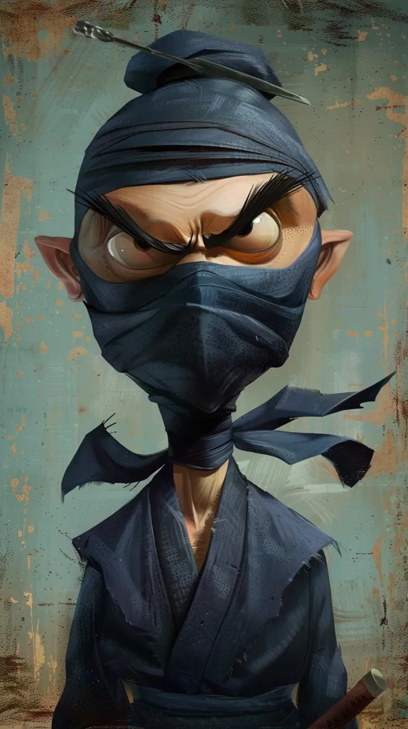 The image is a cartoon drawing of a ninja. He is wearing a black mask and a blue headband. His eyes are wide and his eyebrows are furrowed. He is also wearing a blue and gray outfit. The background is a light blue color.