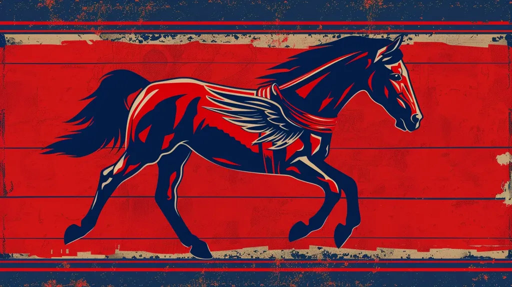 A winged horse is a mythical creature that has been depicted in art and literature for centuries. It is often seen as a symbol of freedom and power. The image shows a winged horse in flight. The horse is black with a red mane and tail. It has large, white wings and is flying over a red background. The image is bordered by a blue frame.