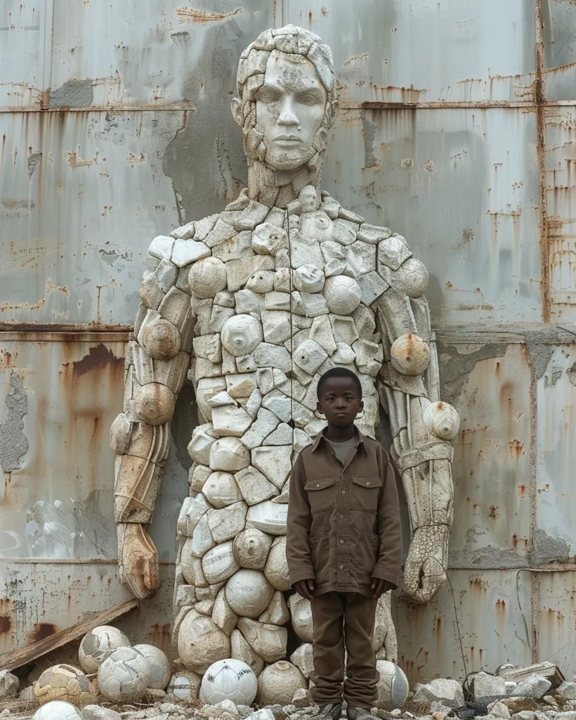 This is a photo of a statue made out of thousands of soccer balls. The statue is in the shape of a person. The statue is very tall, and there is a person standing next to it for scale. The person standing next to the statue is a young boy. The boy is wearing a brown jacket and jeans. The statue is made out of white and black soccer balls. The statue is very detailed.