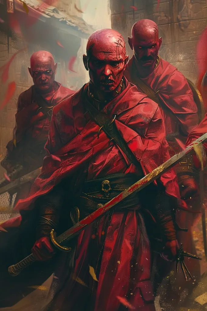 Three red-skinned, bald men are walking down a street. They are all wearing red robes and carrying swords. The men have their faces painted with white stripes and their eyes are red. They look like they are ready for battle.