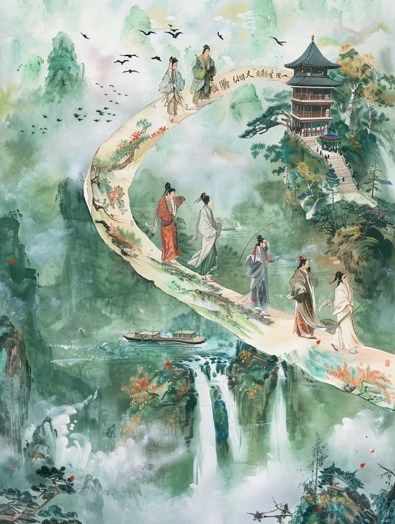 A group of ancient Chinese scholars are walking on a long green path. The path winds through a mountainous landscape, and the scholars are surrounded by trees, flowers, and birds. The scholars are all wearing traditional Chinese robes, and they are carrying books and scrolls. The painting is done in a realistic style, and the colors are vibrant and lifelike.