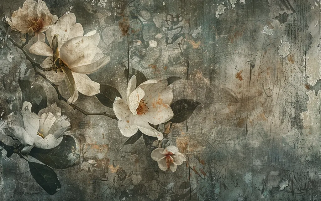 The image is a painting of white magnolia flowers on a dark patterned background. The flowers are open and in full bloom. The leaves are a deep green color. The background is a dark brown with a pattern of light brown branches. The painting has a vintage or retro feel to it.