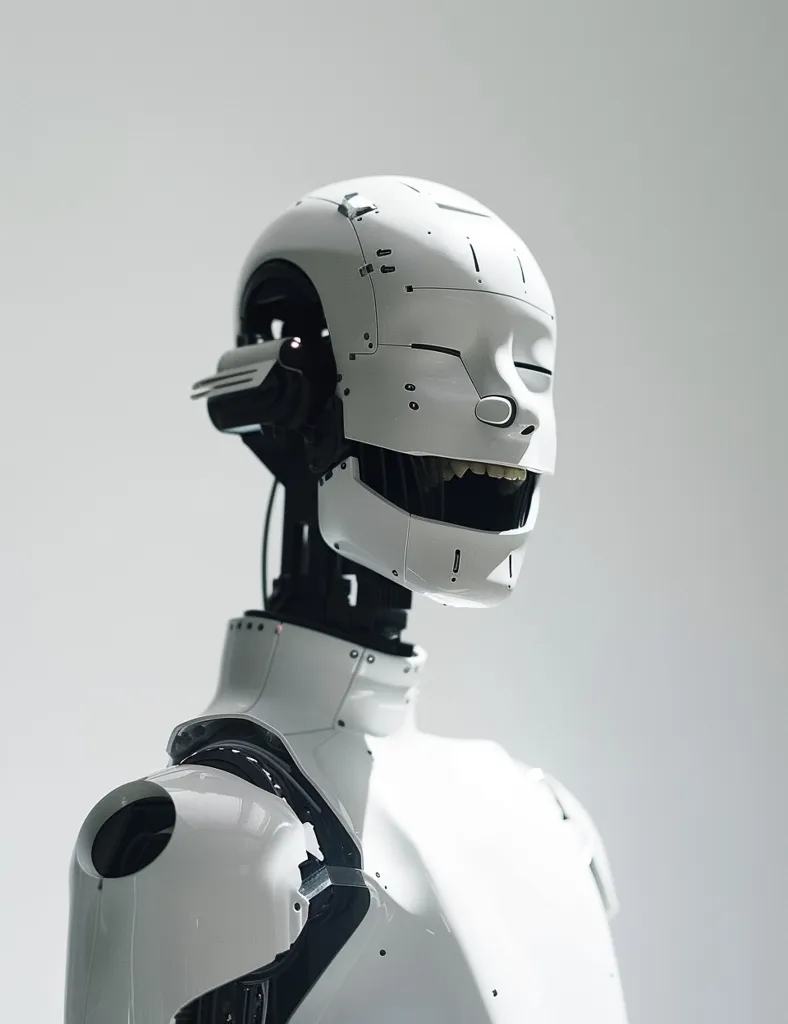 The image is a white robot head and upper torso. The robot is smiling. The robot's eyes are black and its mouth is open. The robot's head is turned to the right. The robot's body is made of metal and has a lot of wires and other mechanical parts exposed.