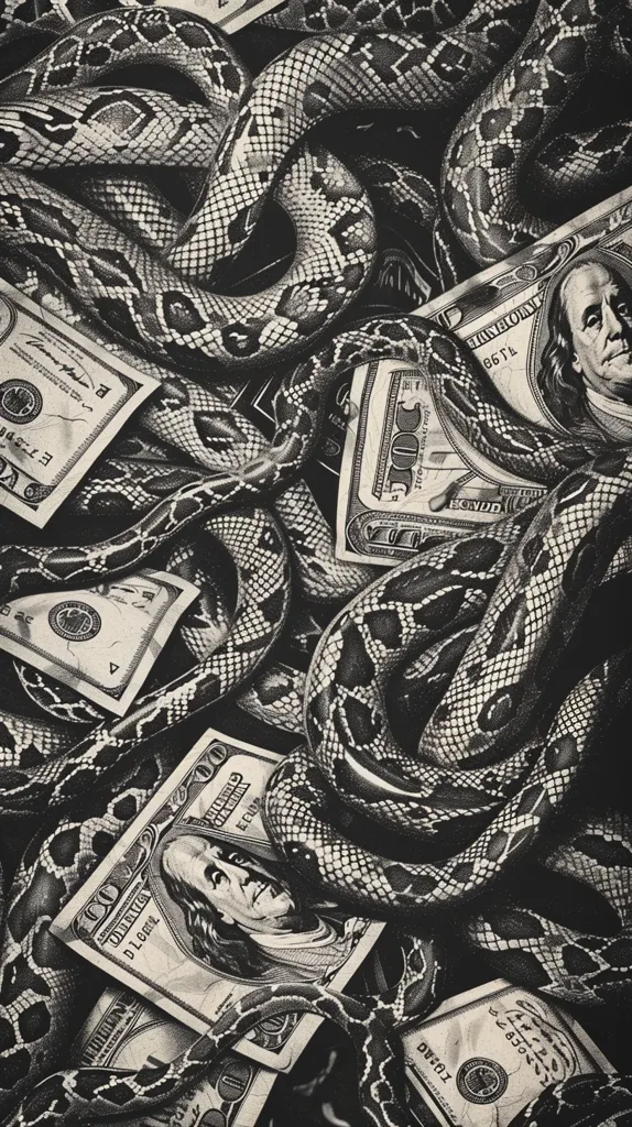 The image is in black and white. There are many snakes and one hundred dollar bills. The snakes are coiled around the money. The image is very detailed and realistic. The snakes are all different sizes and shapes. The one hundred dollar bills are also different. Some of them are new and crisp, while others are old and worn. The image is very interesting and unique. It is not clear what the meaning of the image is. It could be a representation of greed or corruption.